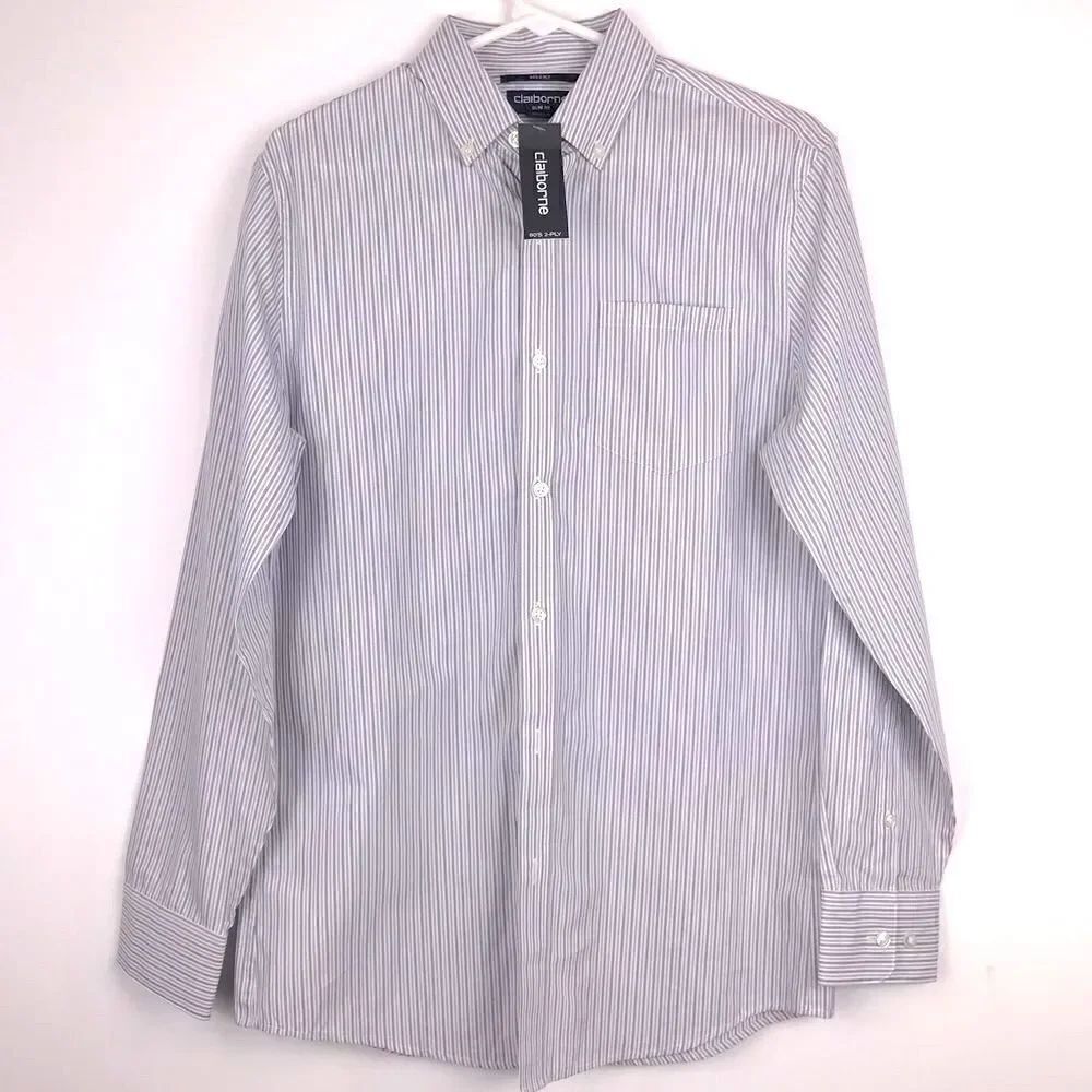 Claiborne Men’s Gray Pinstripe Button Down Slim Fit 80’s 2 Ply Shirt NEW